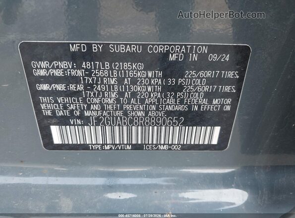 JF2GUABC8R8890652 2024 SUBARU CROSSTREK Blue Engine compartment view