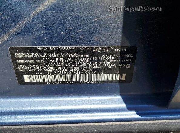 JF2GUABC8RH332414 2024 SUBARU CROSSTREK Blue Vista del compartimento del motor