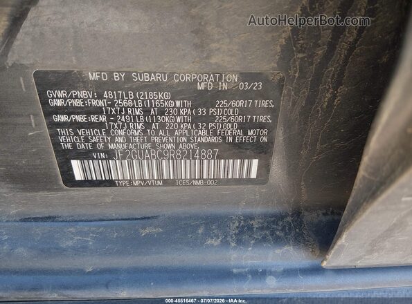 JF2GUABC9R8214887 2024 SUBARU CROSSTREK Gray Вид підкапотного простору