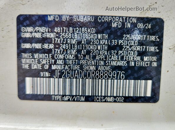 JF2GUADC0R8889976 2024 SUBARU CROSSTREK White ძრავის განყოფილების ხედი