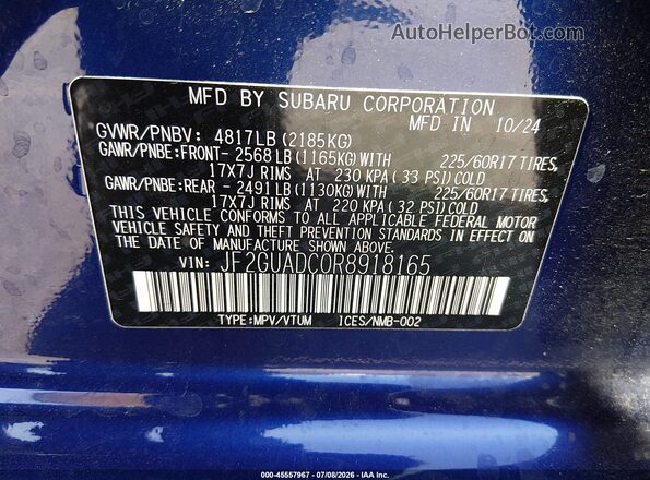 JF2GUADC0R8918165 2024 SUBARU CROSSTREK Blue Engine compartment view