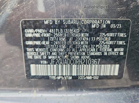 JF2GUADC0RH210367 2024 SUBARU CROSSTREK Gray ძრავის განყოფილების ხედი