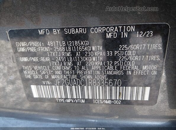 JF2GUADC1R8335670 2024 SUBARU CROSSTREK Black Engine compartment view