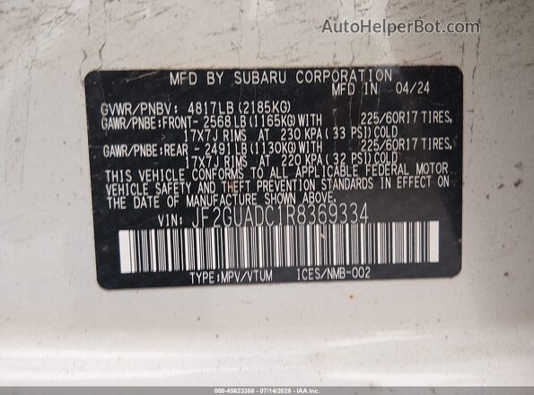 JF2GUADC1R8369334 2024 SUBARU CROSSTREK Белый Вид подкапотного пространства