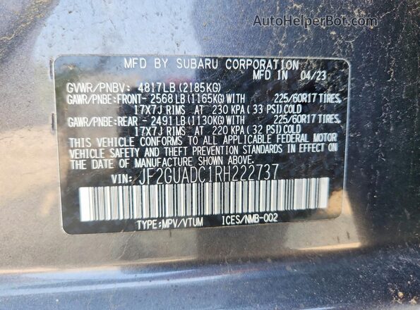 JF2GUADC1RH222737 2024 SUBARU CROSSTREK Gray VIN sticker view