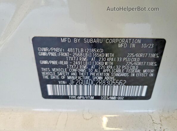 JF2GUADC2R8305562 2024 SUBARU CROSSTREK White Вид наклейки з VIN-кодом