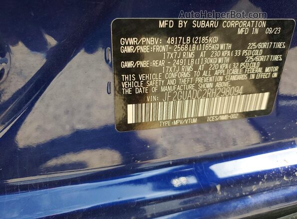 JF2GUADC2RH298094 2024 SUBARU CROSSTREK Blue VIN sticker view