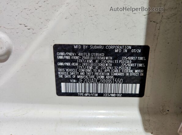 JF2GUADC2RH861550 2024 SUBARU CROSSTREK White VIN կոդի պիտակի տեսք