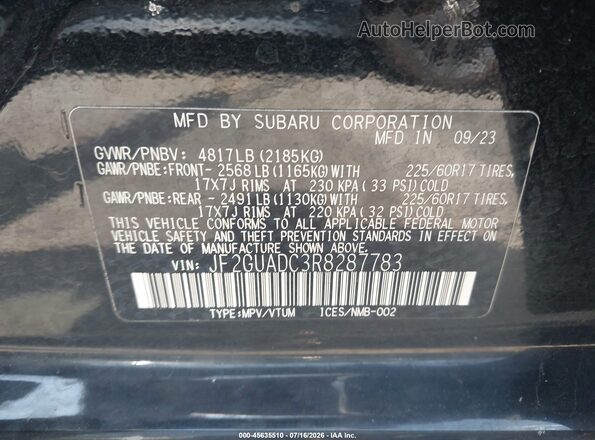 JF2GUADC3R8287783 2024 SUBARU CROSSTREK Black Engine compartment view