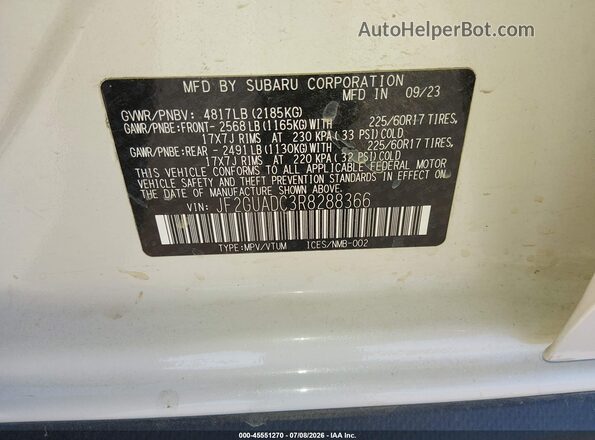 JF2GUADC3R8288366 2024 SUBARU CROSSTREK White Вид підкапотного простору