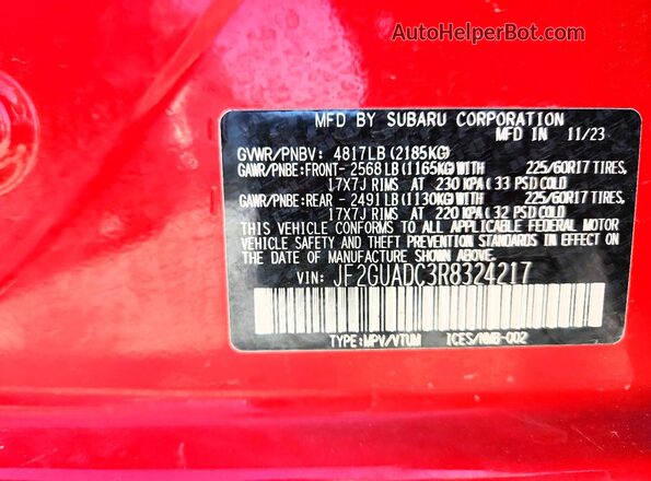 JF2GUADC3R8324217 2024 SUBARU CROSSTREK Red VIN კოდის სტიკერის ხედი