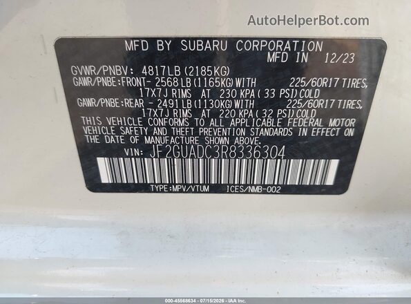 JF2GUADC3R8336304 2024 SUBARU CROSSTREK White Շարժիչի բաժամունքի տեսք