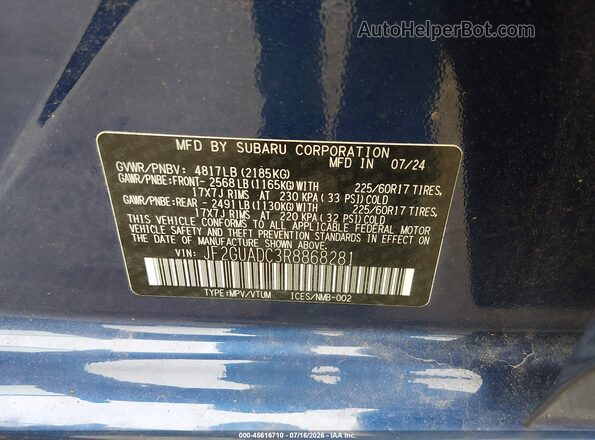 JF2GUADC3R8868281 2024 SUBARU CROSSTREK Синий Вид подкапотного пространства