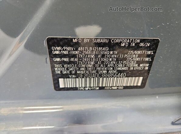 JF2GUADC3RH856440 2024 SUBARU CROSSTREK Gray Widok naklejki z numerem VIN