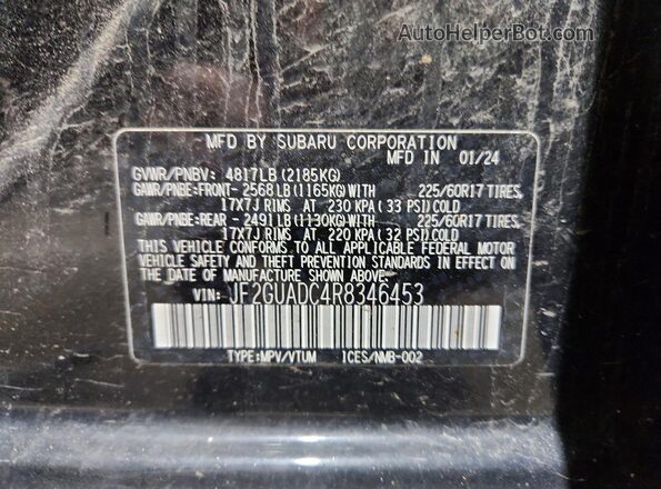 JF2GUADC4R8346453 2024 SUBARU CROSSTREK Black Вид наклейки з VIN-кодом