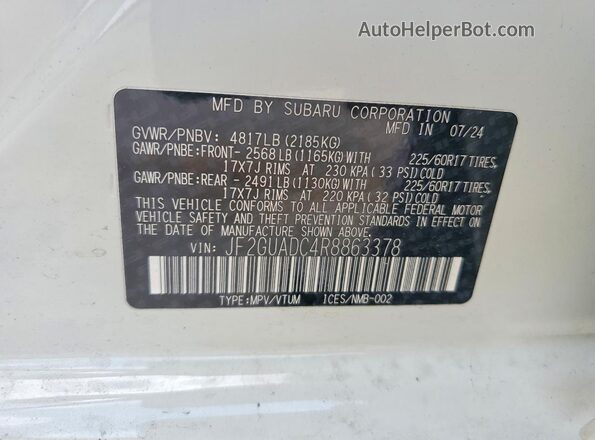 JF2GUADC4R8863378 2024 SUBARU CROSSTREK White VIN sticker view