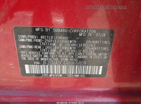 JF2GUADC4R8865809 2024 SUBARU CROSSTREK Red ძრავის განყოფილების ხედი