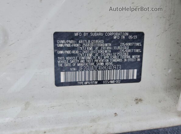 JF2GUADC4RH240973 2024 SUBARU CROSSTREK White Widok naklejki z numerem VIN