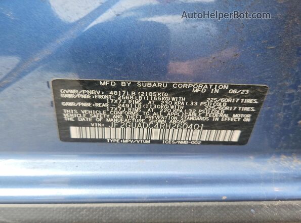 JF2GUADC4RH260401 2024 SUBARU CROSSTREK Blue სალონის 360-გრადუსიანი ხედი