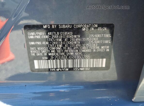 JF2GUADC4RH360286 2024 SUBARU CROSSTREK Gray 360 interior view