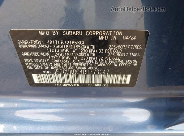 JF2GUADC4RH373247 2024 SUBARU CROSSTREK Blue ძრავის განყოფილების ხედი