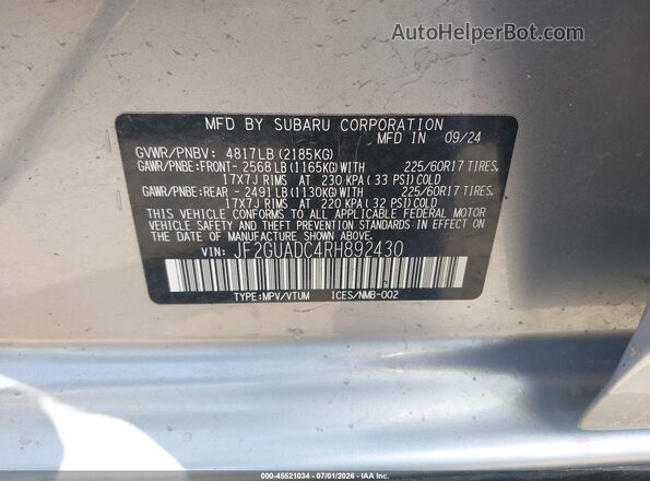 JF2GUADC4RH892430 2024 SUBARU CROSSTREK Silver Widok komory silnika