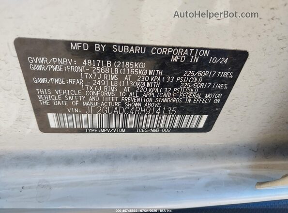 JF2GUADC4RH914135 2024 SUBARU CROSSTREK White Widok komory silnika