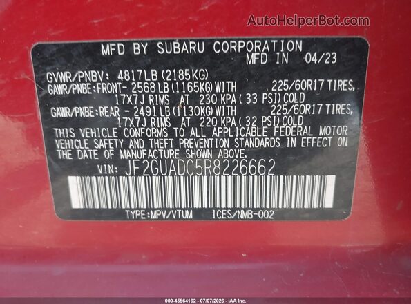 JF2GUADC5R8226662 2024 SUBARU CROSSTREK Red Շարժիչի բաժամունքի տեսք