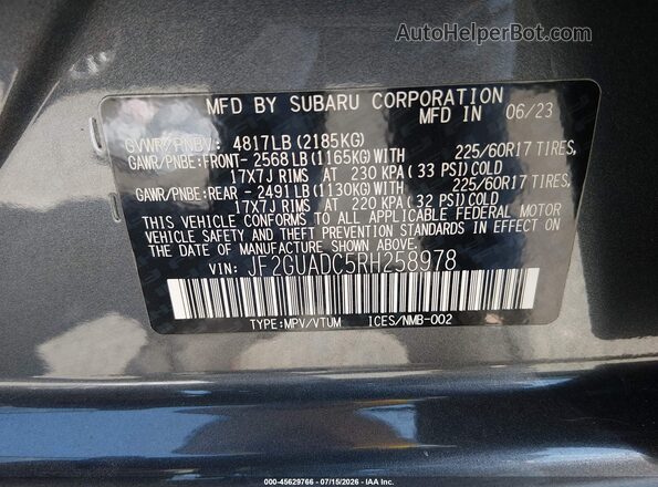 JF2GUADC5RH258978 2024 SUBARU CROSSTREK Серый Вид подкапотного пространства