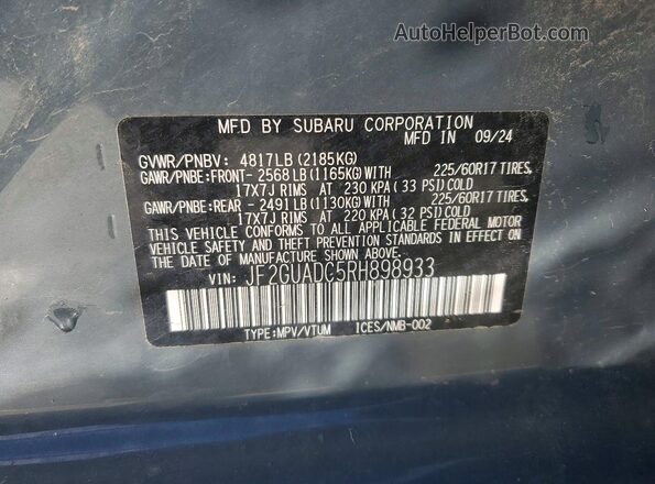 JF2GUADC5RH898933 2024 SUBARU CROSSTREK Blue VIN კოდის სტიკერის ხედი