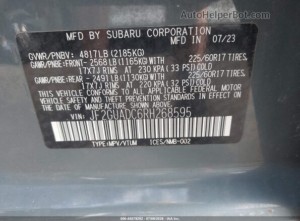 JF2GUADC6RH268595 2024 SUBARU CROSSTREK Blue Vista del compartimento del motor