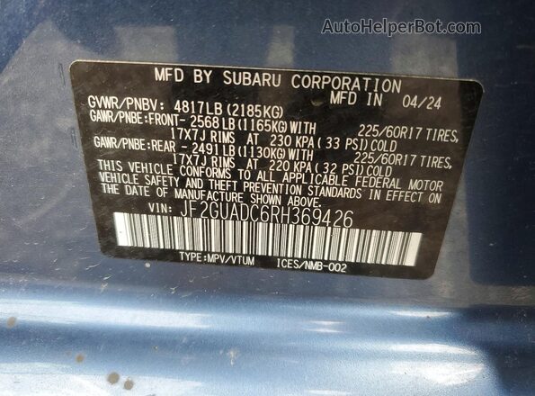 JF2GUADC6RH369426 2024 SUBARU CROSSTREK Синий Вид подкапотного пространства