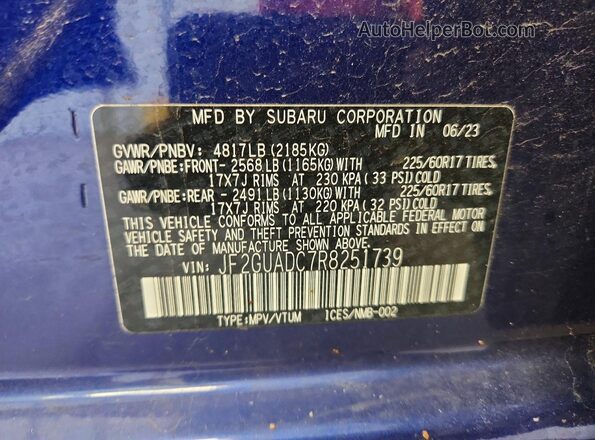 JF2GUADC7R8251739 2024 SUBARU CROSSTREK Blue Вид наклейки з VIN-кодом