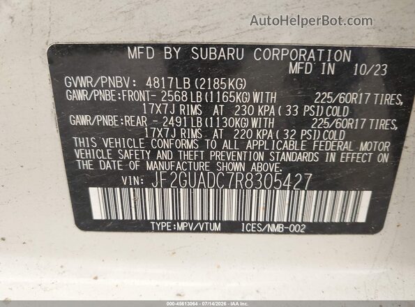 JF2GUADC7R8305427 2024 SUBARU CROSSTREK White ძრავის განყოფილების ხედი