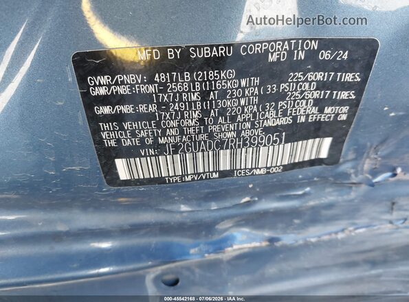 JF2GUADC7RH399051 2024 SUBARU CROSSTREK Синий Вид подкапотного пространства