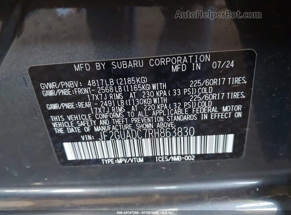 JF2GUADC7RH863830 2024 SUBARU CROSSTREK Gray Вид підкапотного простору