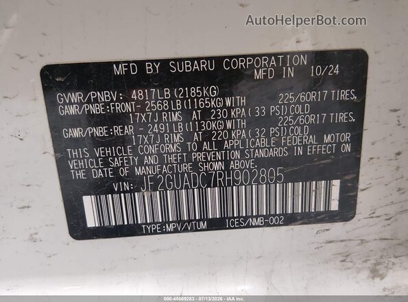 JF2GUADC7RH902805 2024 SUBARU CROSSTREK White Engine compartment view