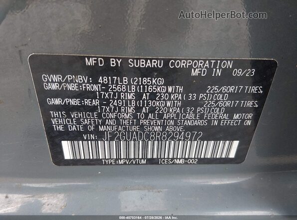 JF2GUADC8R8294972 2024 SUBARU CROSSTREK Серый Вид подкапотного пространства