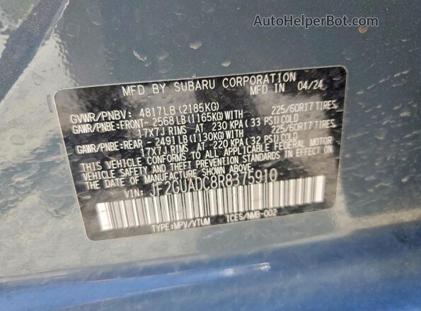 JF2GUADC8R8375910 2024 SUBARU CROSSTREK Gray Вид наклейки з VIN-кодом
