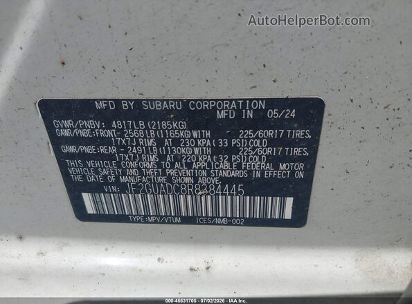 JF2GUADC8R8384445 2024 SUBARU CROSSTREK White Engine compartment view