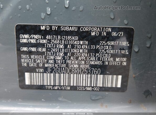 JF2GUADC8RH253760 2024 SUBARU CROSSTREK Серый Вид подкапотного пространства