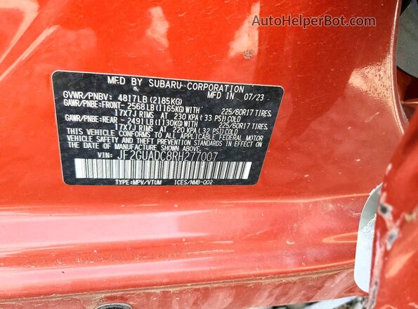 JF2GUADC8RH277007 2024 SUBARU CROSSTREK Orange Вид наклейки з VIN-кодом