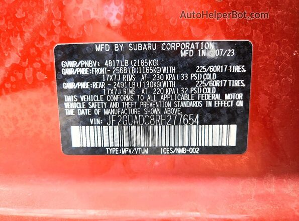 JF2GUADC8RH277654 2024 SUBARU CROSSTREK Orange VIN კოდის სტიკერის ხედი