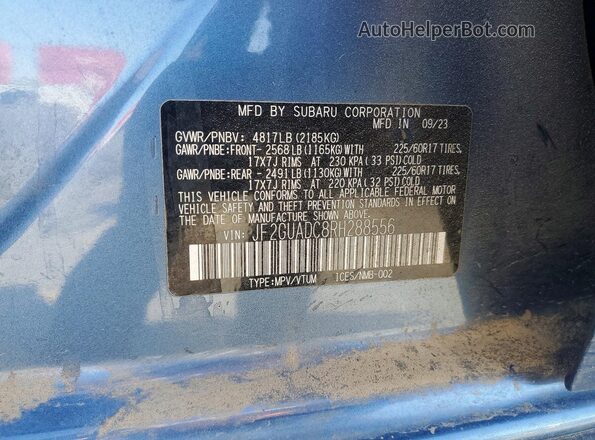 JF2GUADC8RH288556 2024 SUBARU CROSSTREK Blue VIN sticker view