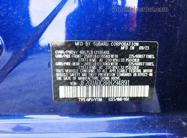 JF2GUADC8RH294891 2024 SUBARU CROSSTREK Blue VIN կոդի պիտակի տեսք