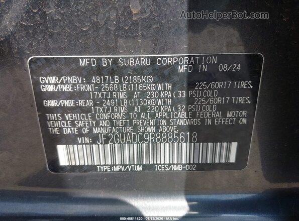 JF2GUADC9R8885618 2024 SUBARU CROSSTREK Gray Widok komory silnika