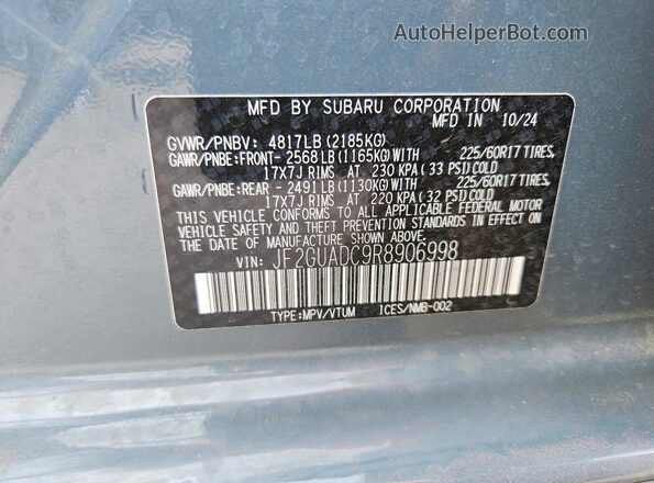 JF2GUADC9R8906998 2024 SUBARU CROSSTREK Синий Вид наклейки с VIN-кодом