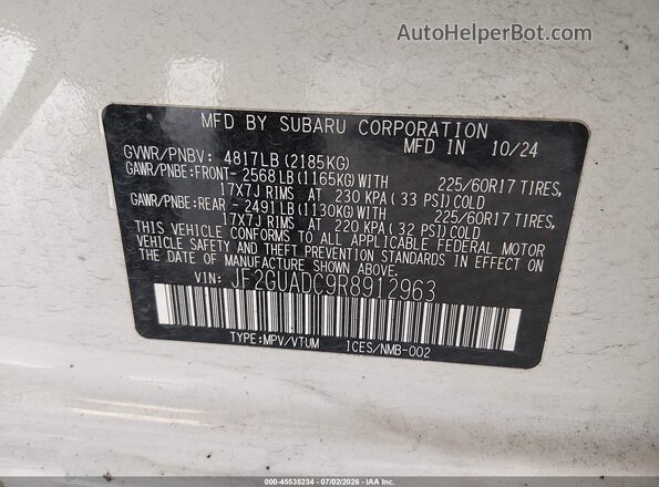 JF2GUADC9R8912963 2024 SUBARU CROSSTREK White Engine compartment view