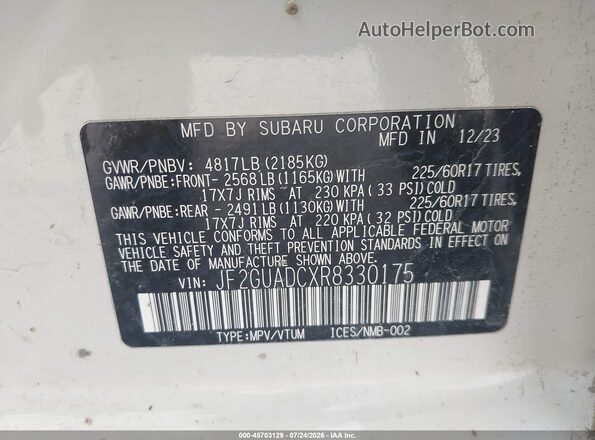JF2GUADCXR8330175 2024 SUBARU CROSSTREK White ძრავის განყოფილების ხედი