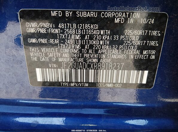 JF2GUADCXR8918237 2024 SUBARU CROSSTREK Blue Engine compartment view